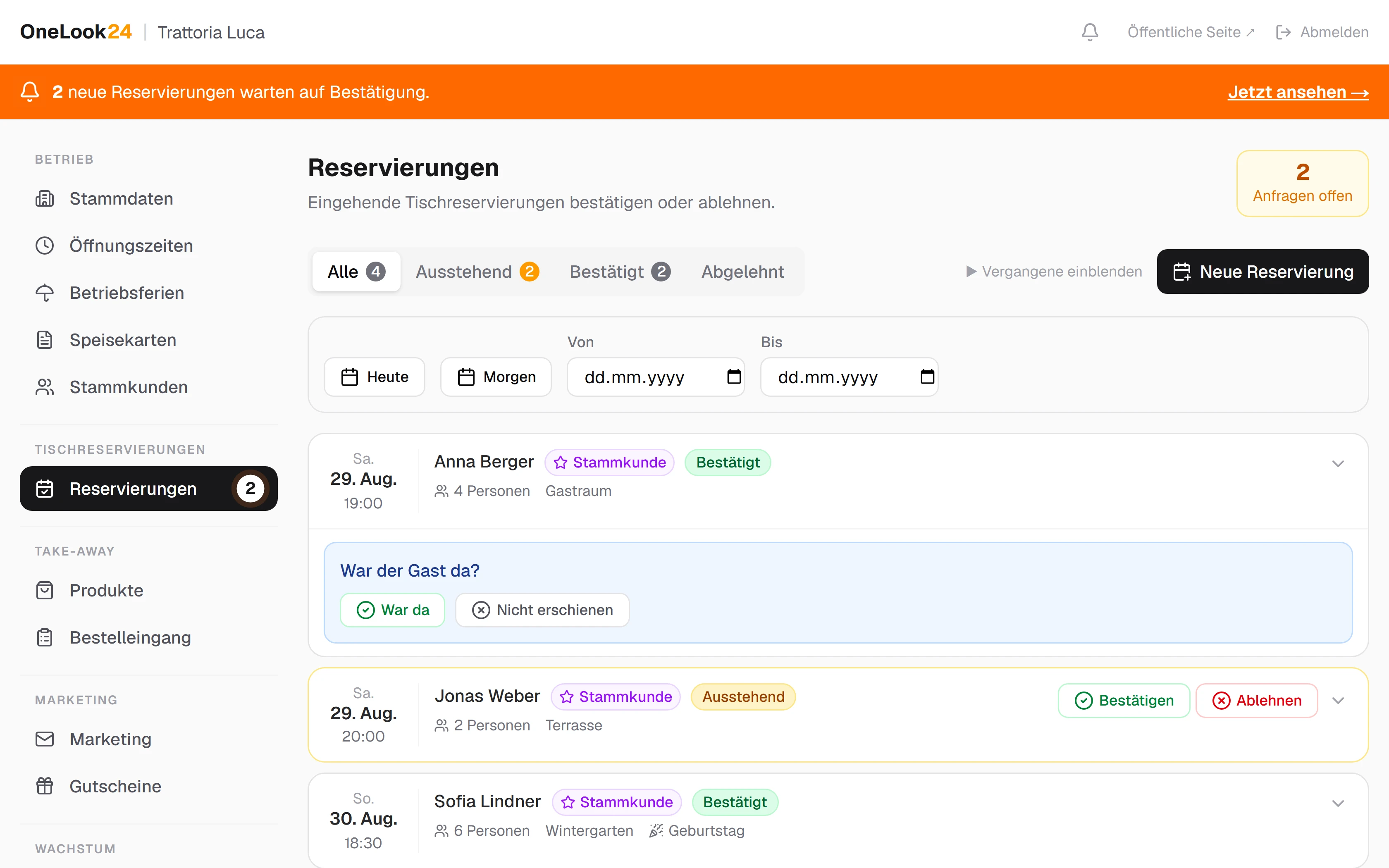 Reservierungsliste im OneLook24-Dashboard mit offenen Anfragen zum Bestätigen