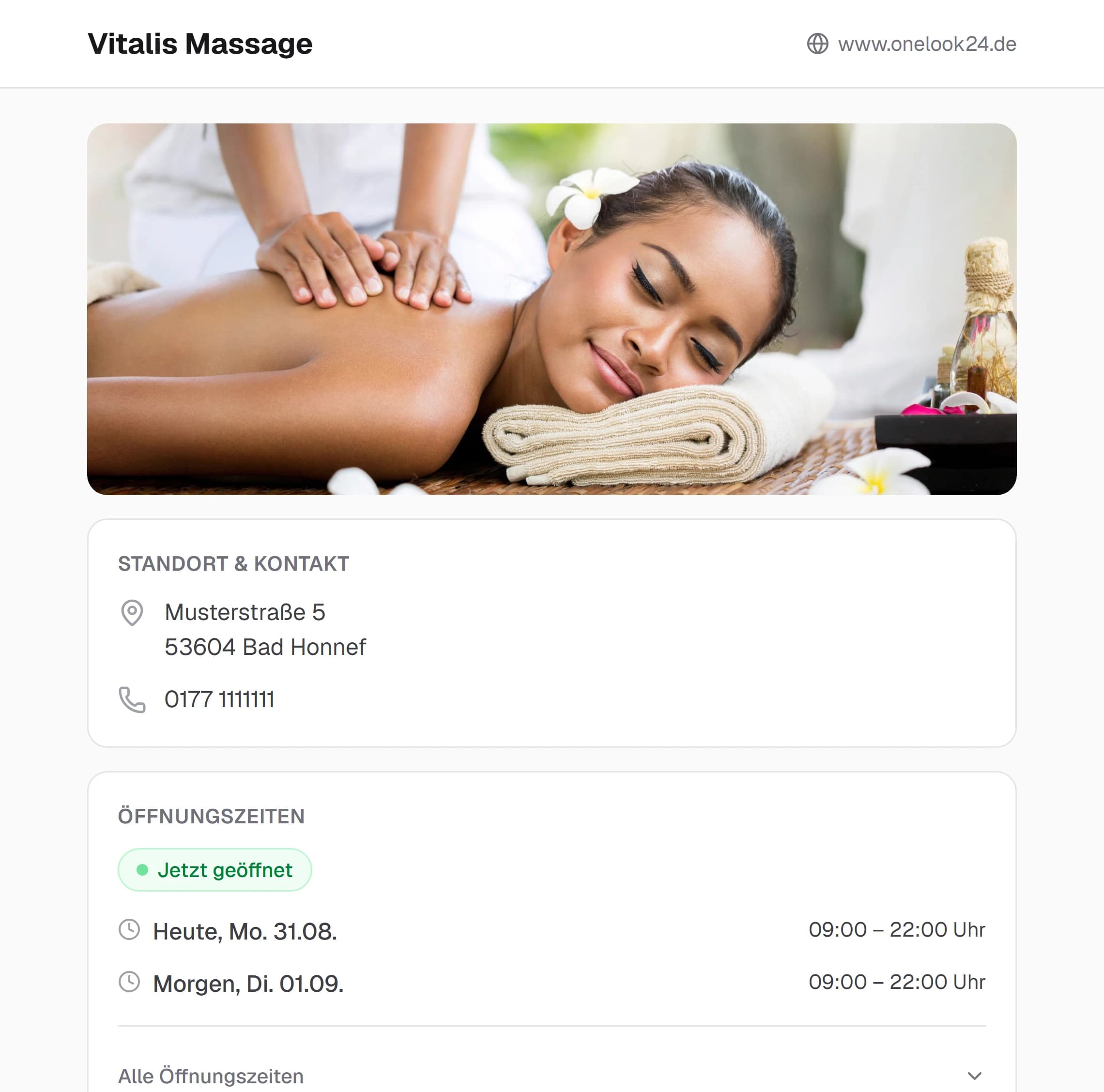 Öffentliche Profilseite eines Massagestudios im Browser mit Foto, Kontaktdaten und Öffnungszeiten